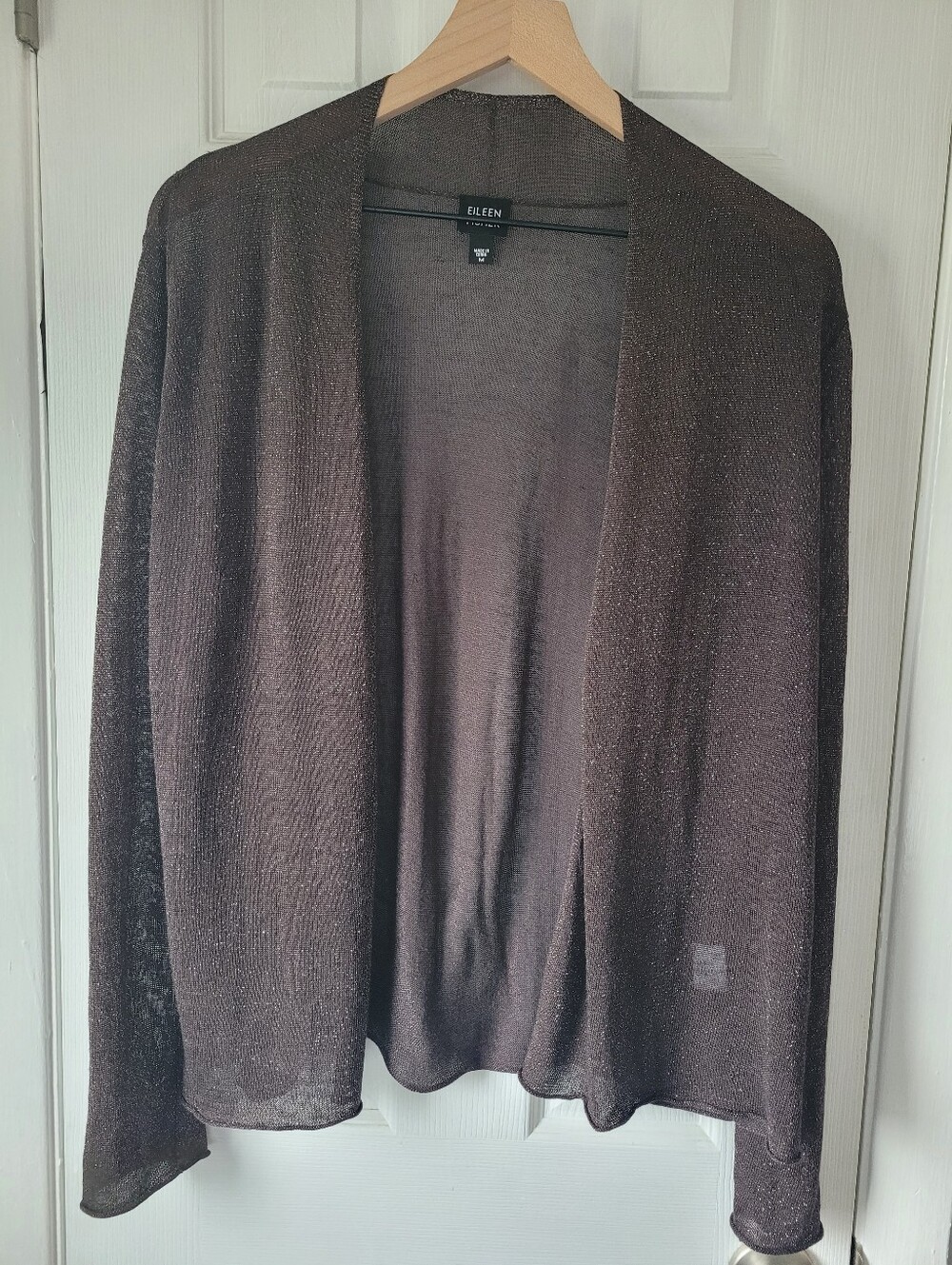 Eileen Fisher Metallic Linen Blend Open Front Cardigan Medium Brown